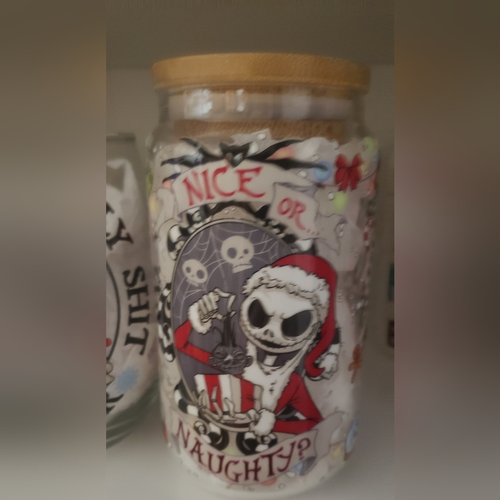 The night mare before Christmas themed 12oz libby glass mug. Newly handcrafted.